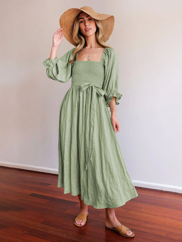 New style rope belt ruffled lantern sleeve dress
