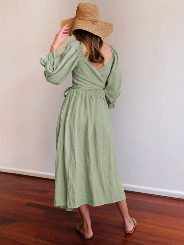 New style rope belt ruffled lantern sleeve dress