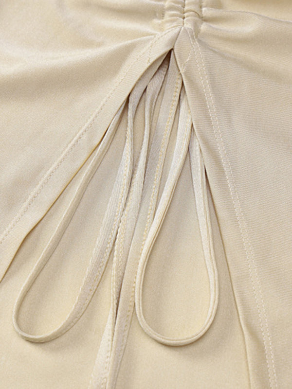 Women's fashionable solid color chest-wrapped halterneck lace-up ring-connected hollow slit dress