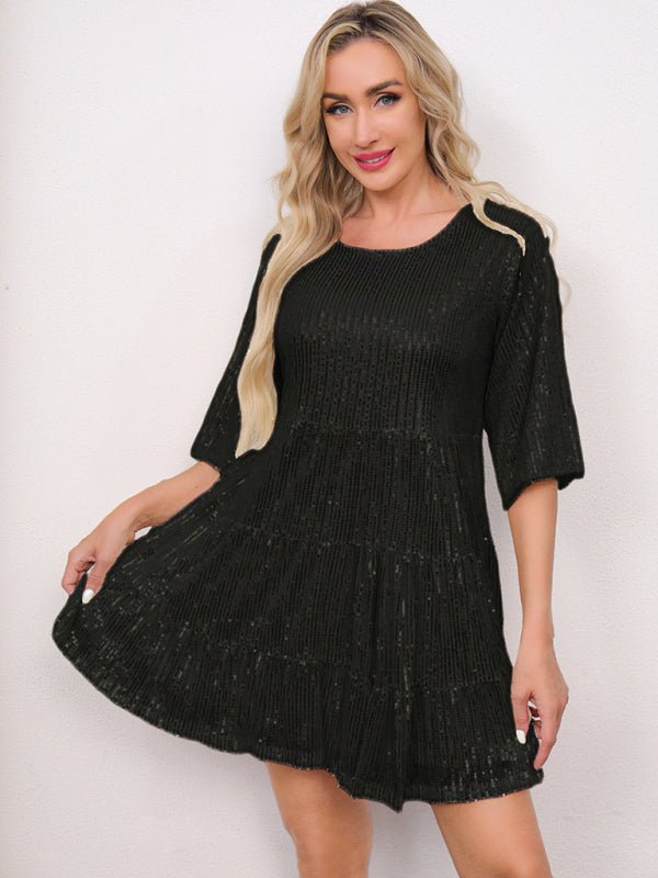 Women's Fashion Solid Color Loose Waist Short Sleeve Short Skirt Sequined Dress Party Banquet Dress