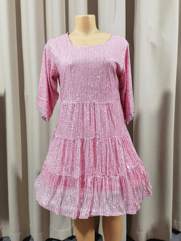 Women's Fashion Solid Color Loose Waist Short Sleeve Short Skirt Sequined Dress Party Banquet Dress
