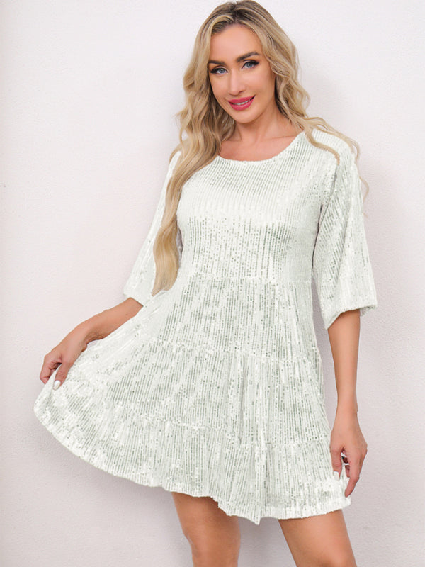 Women's Fashion Solid Color Loose Waist Short Sleeve Short Skirt Sequined Dress Party Banquet Dress