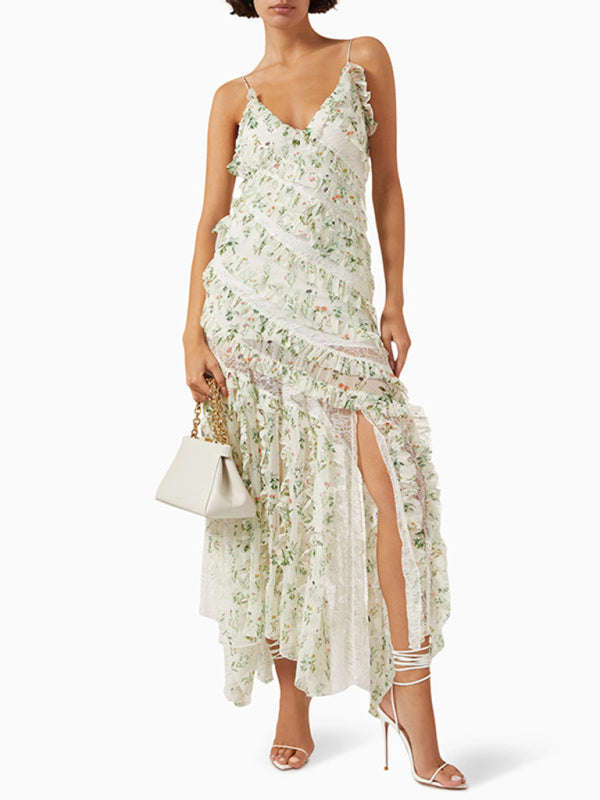 New style printed lace design holiday suspender dress