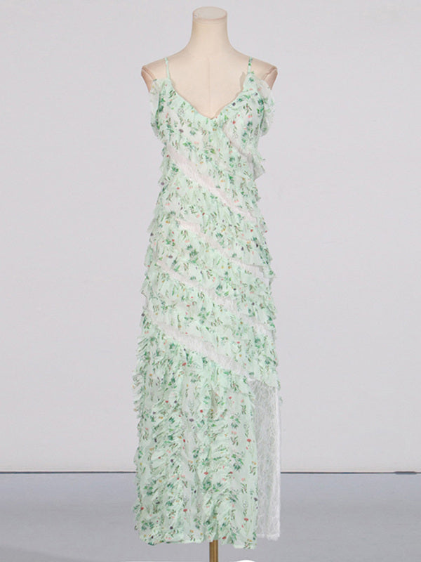 New style printed lace design holiday suspender dress