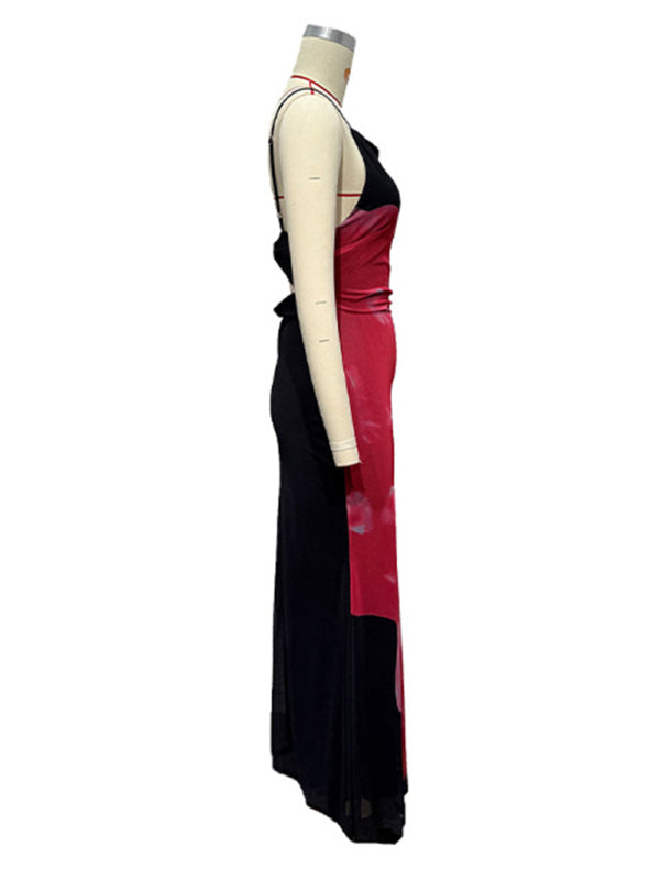 Women's slim-fit suspender dress with contrasting floral print