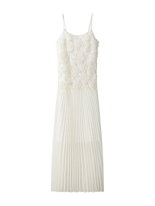 Three-dimensional rose decorated ruffle stitching suspender dress