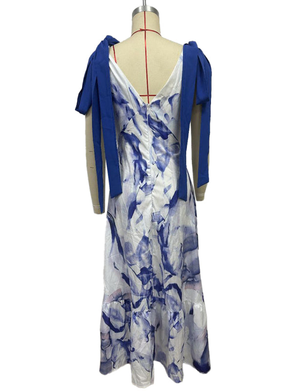 Lace-up women's long dress V-neck sleeveless printed dress