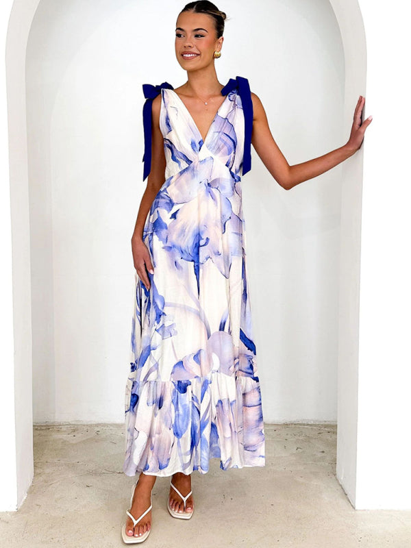 Lace-up women's long dress V-neck sleeveless printed dress