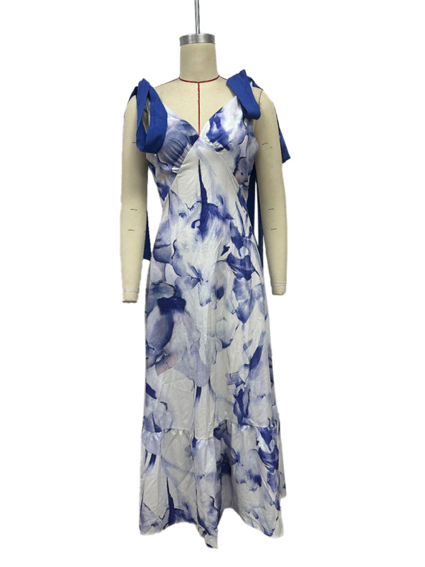 Lace-up women's long dress V-neck sleeveless printed dress