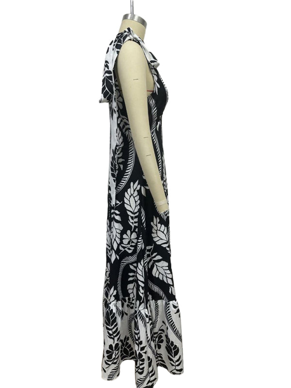 Lace-up women's long dress V-neck sleeveless printed dress