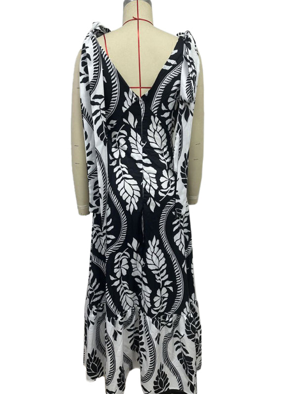 Lace-up women's long dress V-neck sleeveless printed dress