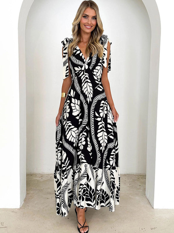 Lace-up women's long dress V-neck sleeveless printed dress
