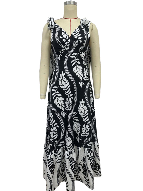 Lace-up women's long dress V-neck sleeveless printed dress