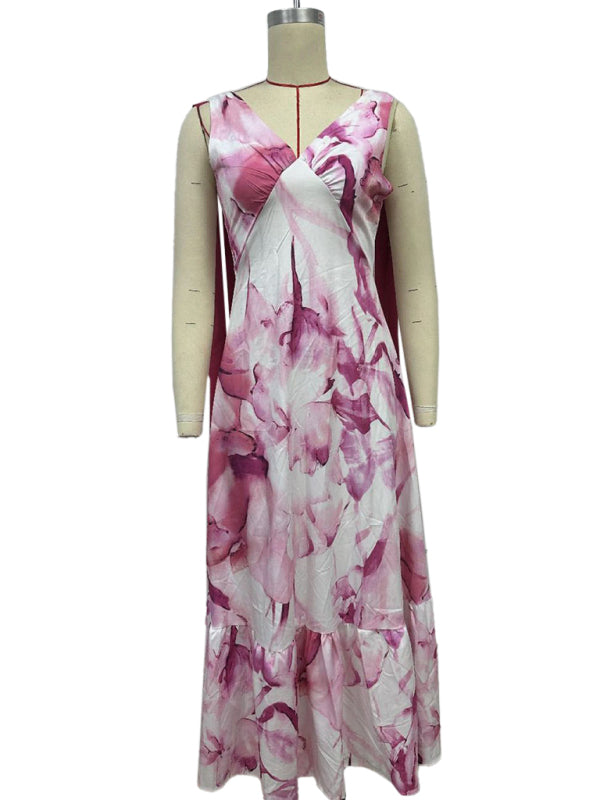 Lace-up women's long dress V-neck sleeveless printed dress