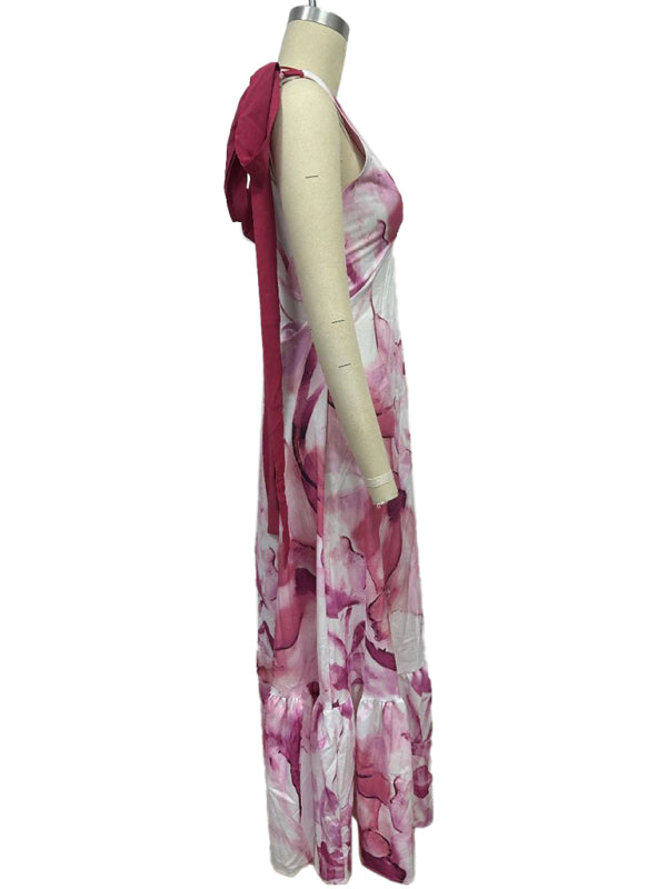 Lace-up women's long dress V-neck sleeveless printed dress