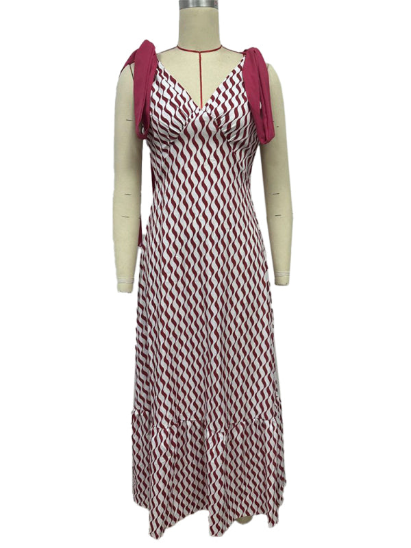 Lace-up women's long dress V-neck sleeveless printed dress