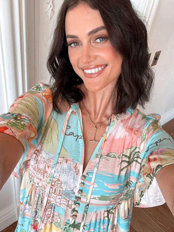 New bohemian style fashion short sleeve floral print dress