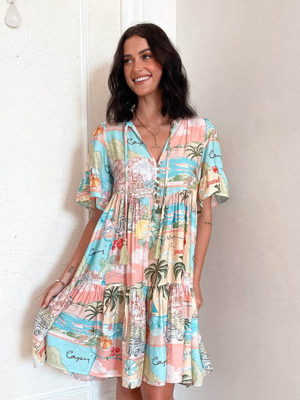New bohemian style fashion short sleeve floral print dress