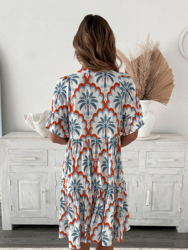 New bohemian style fashion short sleeve floral print dress