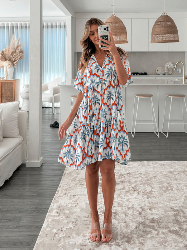 New bohemian style fashion short sleeve floral print dress