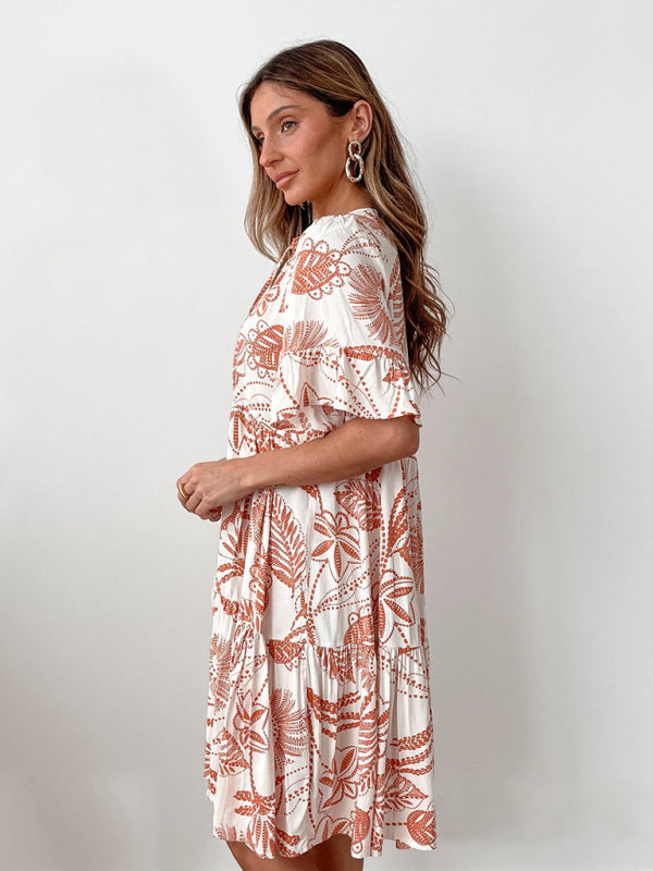 New bohemian style fashion short sleeve floral print dress