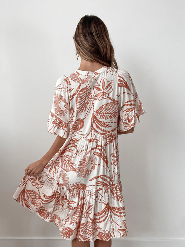 New bohemian style fashion short sleeve floral print dress