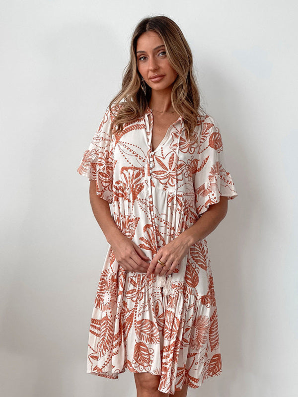 New bohemian style fashion short sleeve floral print dress