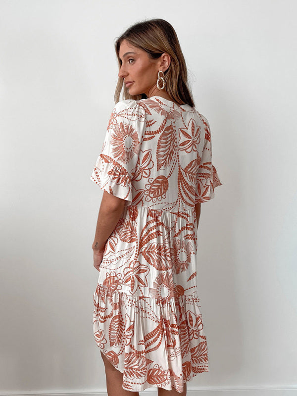 New bohemian style fashion short sleeve floral print dress