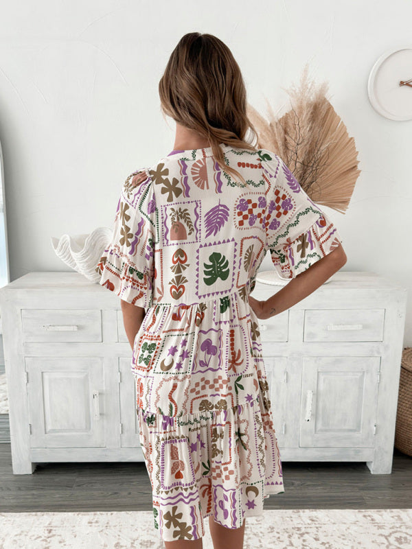 New bohemian style fashion short sleeve floral print dress