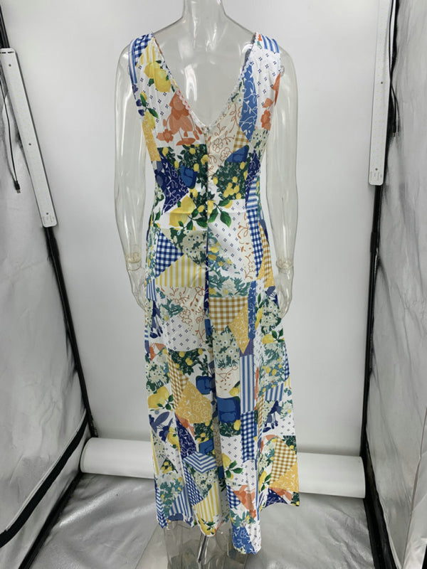 Casual printed women's sleeveless large V-neck swing dress
