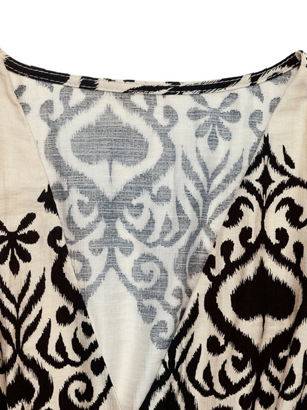 New style holiday style printed dress ethnic casual V-neck high waist flying sleeve long dress