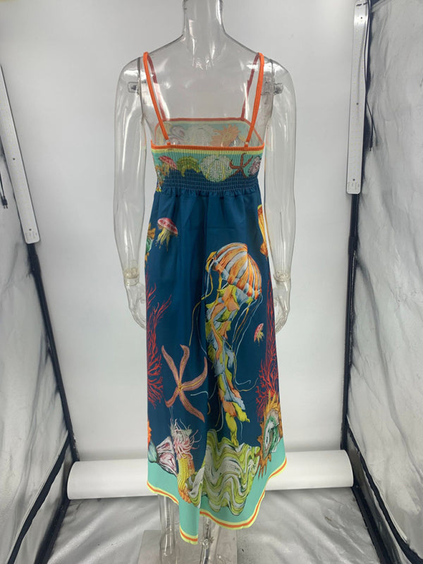 New holiday swing graffiti cotton and linen sleeveless suspender dress