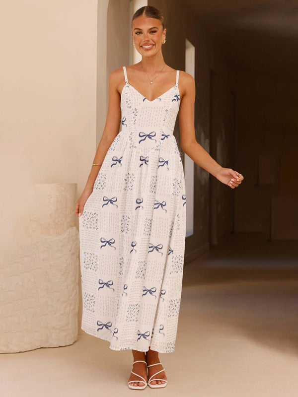 New V-neck waist holiday backless bow print dress