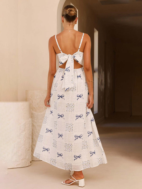 New V-neck waist holiday backless bow print dress