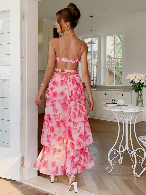 Elegant style suspender pink flower pattern layered dress