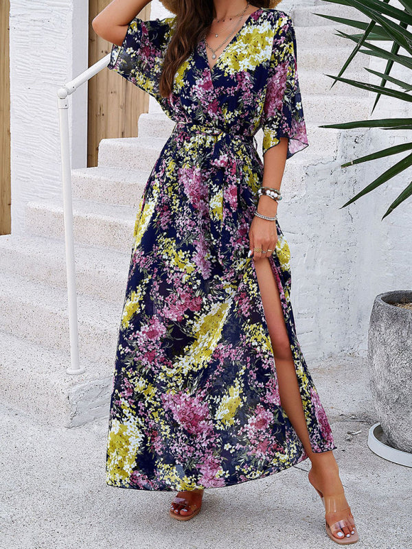 Holiday Royal Blue Printed Tie-Strap Maxi Dress