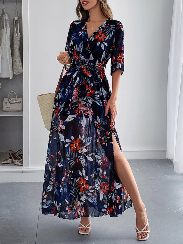 Holiday black printed tie maxi dress