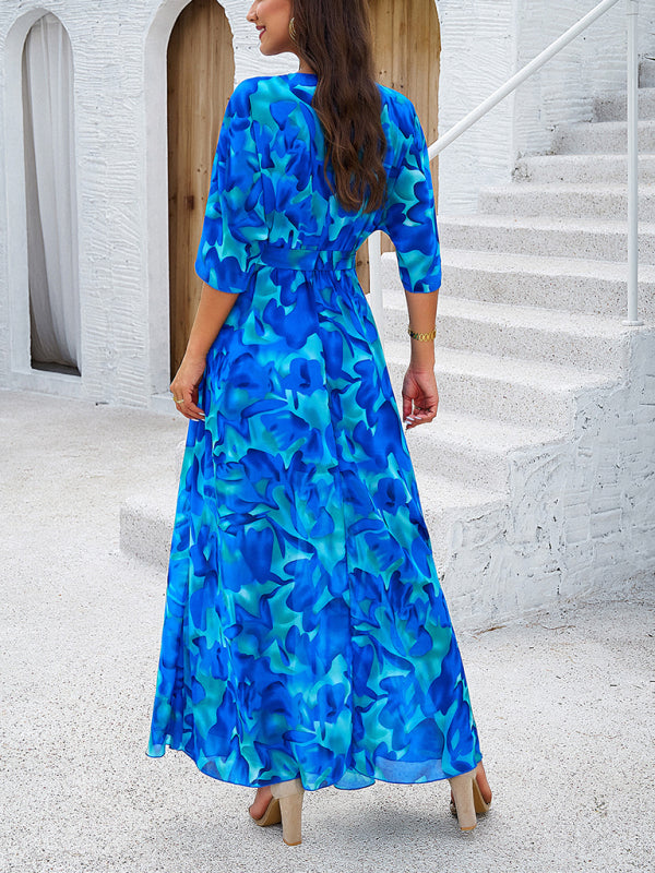 Holiday blue printed tie maxi dress