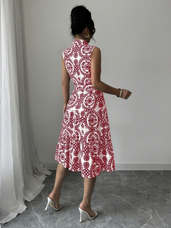 Fashionable off-shoulder waist-binding red printed sleeveless dress