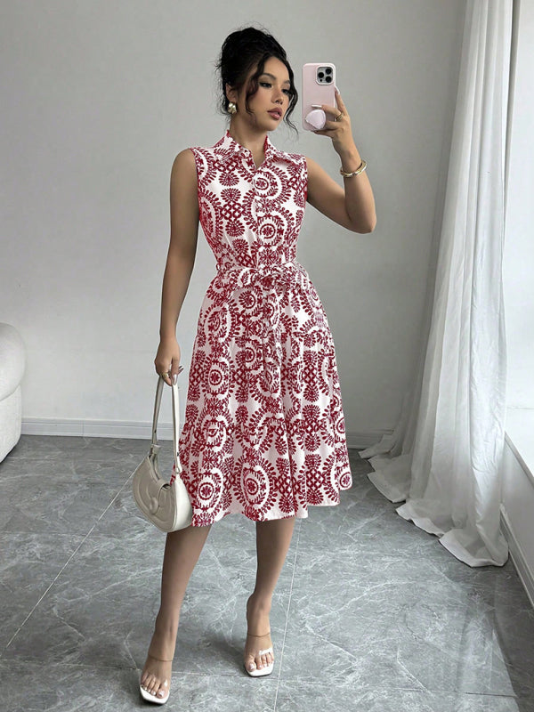 Fashionable off-shoulder waist-binding red printed sleeveless dress