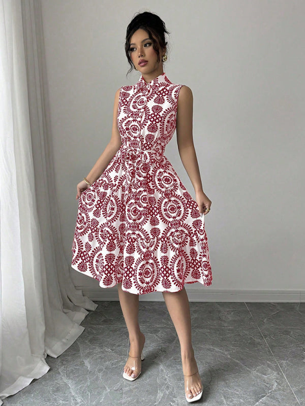 Fashionable off-shoulder waist-binding red printed sleeveless dress