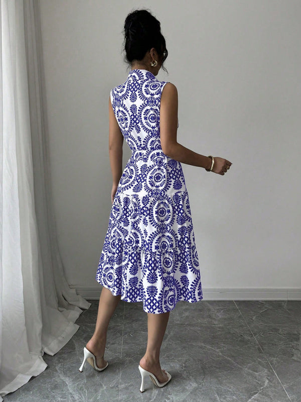 Fashionable off-shoulder waist-binding blue printed sleeveless dress