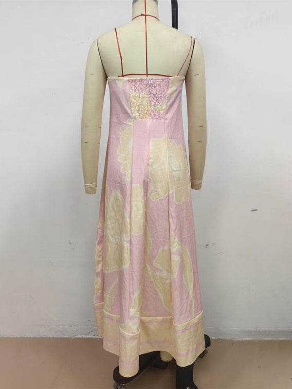 Sexy strapless off-shoulder pink printed dress