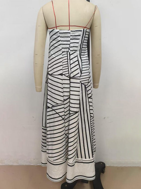 Sexy strapless black striped print dress