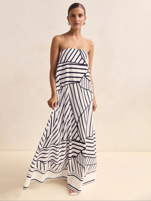 Sexy strapless black striped print dress