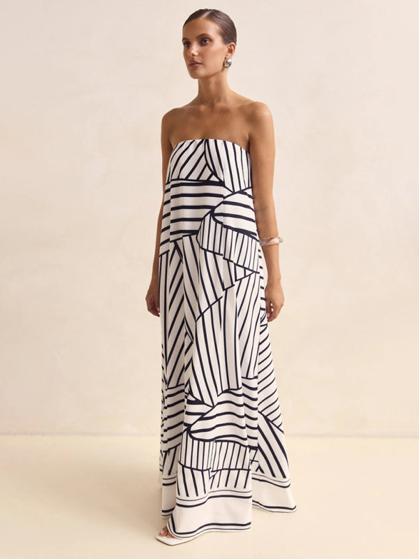 Sexy strapless black striped print dress