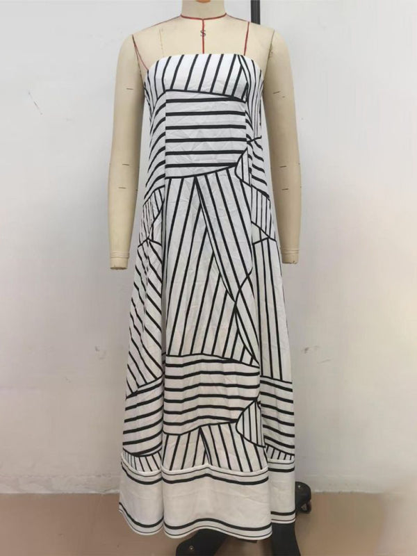 Sexy strapless black striped print dress