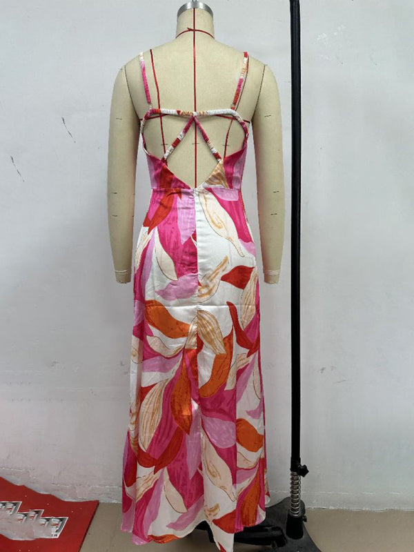 Fashionable leaf print sleeveless backless dress