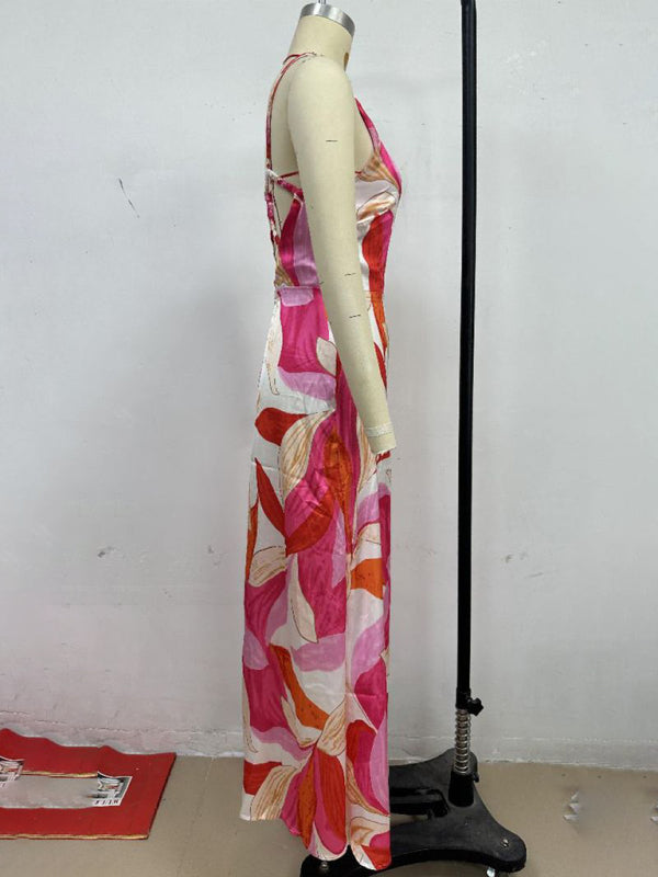 Fashionable leaf print sleeveless backless dress