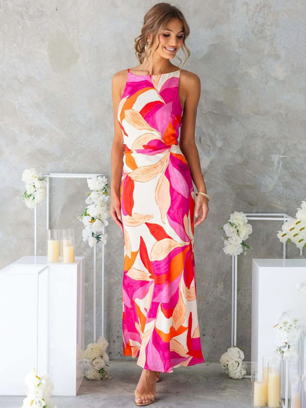 Fashionable leaf print sleeveless backless dress